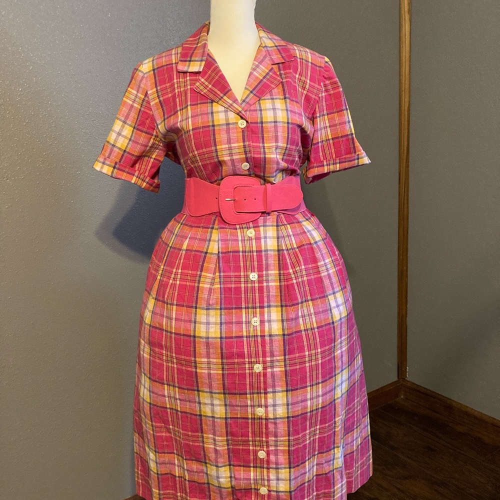 Vintage Plaid Brooks Brothers Button Front Dress - Pink/Yellow